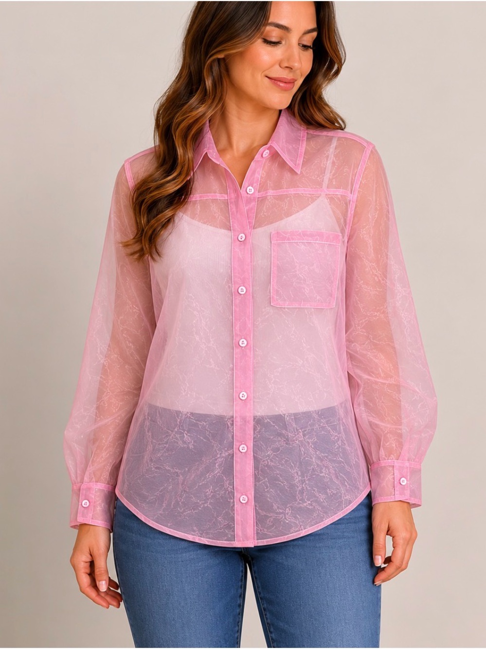 Sheer Pink Button-Down Lace-Effect Top